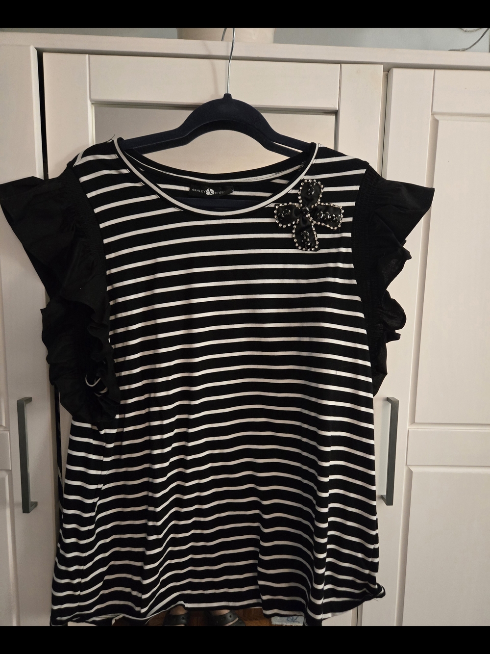 Ashley Stewart Black and White Striped Ruffle Sleeve Top with Beaded Flower